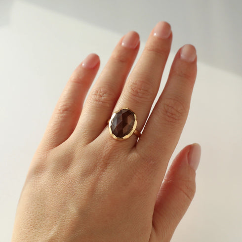 Natural Smoky Quartz Ring 14k Gold Vermeil Oval Cut Engagement Ring Bezel Set Smoky Quartz Anniversary Ring For Women Vintage Solitaire Ring